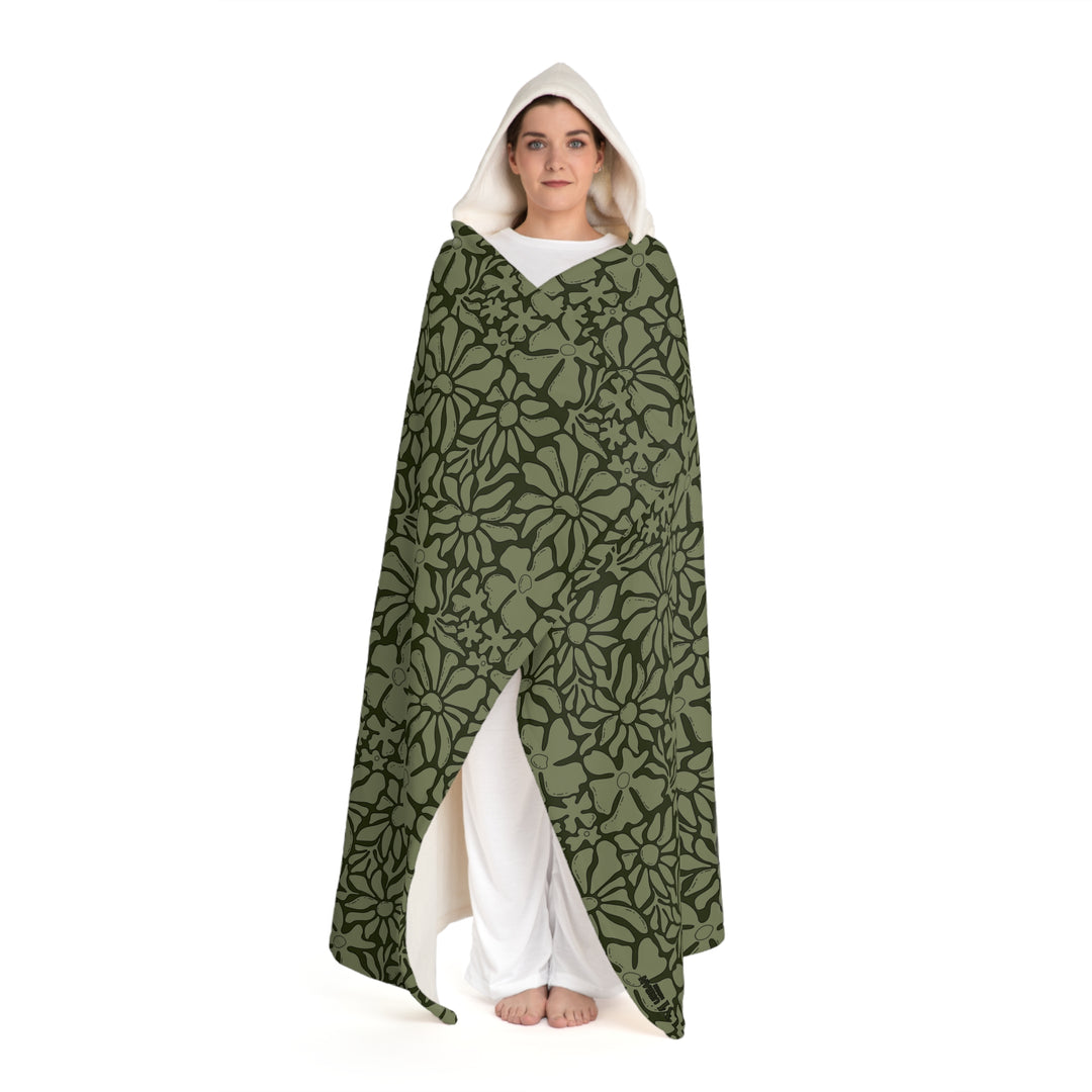 Hooded Sherpa Blanket - Olive Floral Design