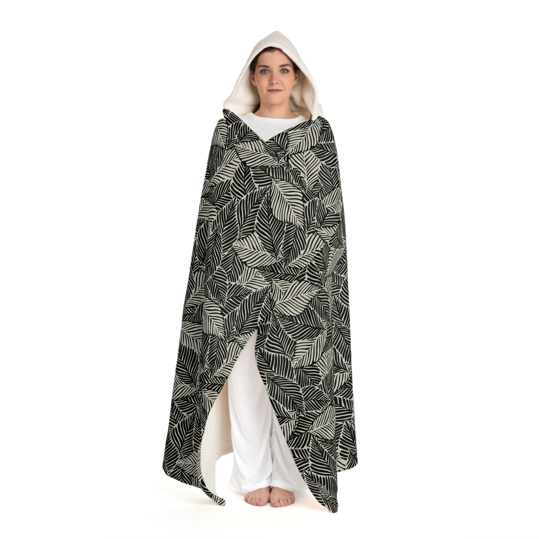 Hooded Sherpa Blanket - Monochrome Leaf Design