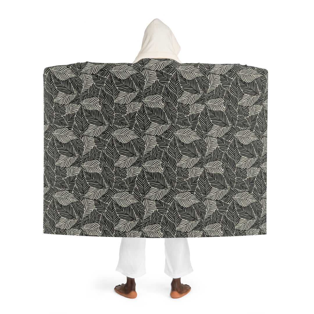 Hooded Sherpa Blanket - Monochrome Leaf Design