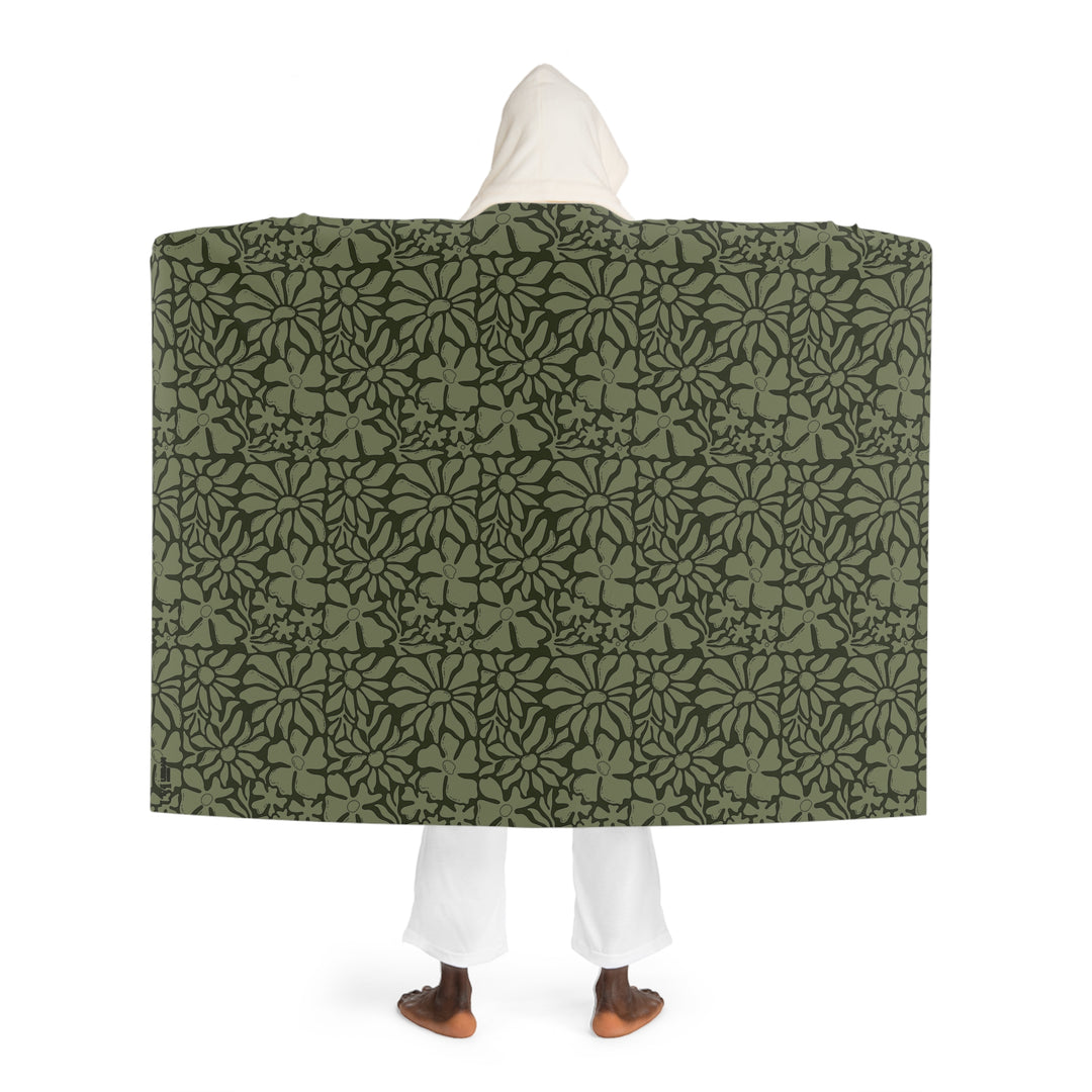 Hooded Sherpa Blanket - Olive Floral Design