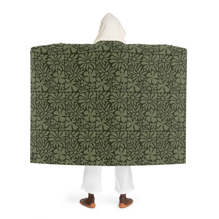 Hooded Sherpa Blanket - Olive Floral Design