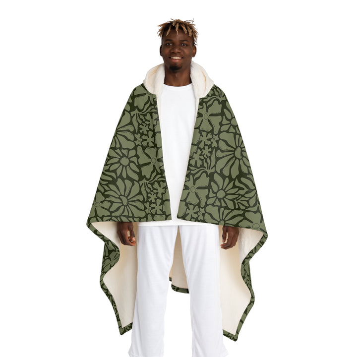 Hooded Sherpa Blanket - Olive Floral Design